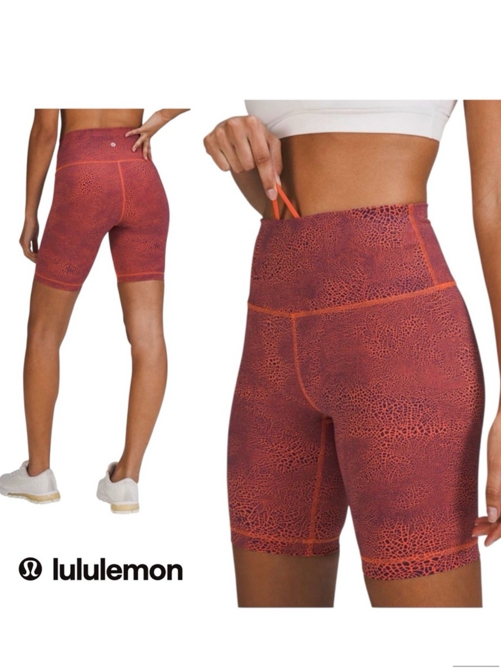 Lululemon Wunder Train 8” High Waist Orange Navy Purple Print Bike Shorts Size 2